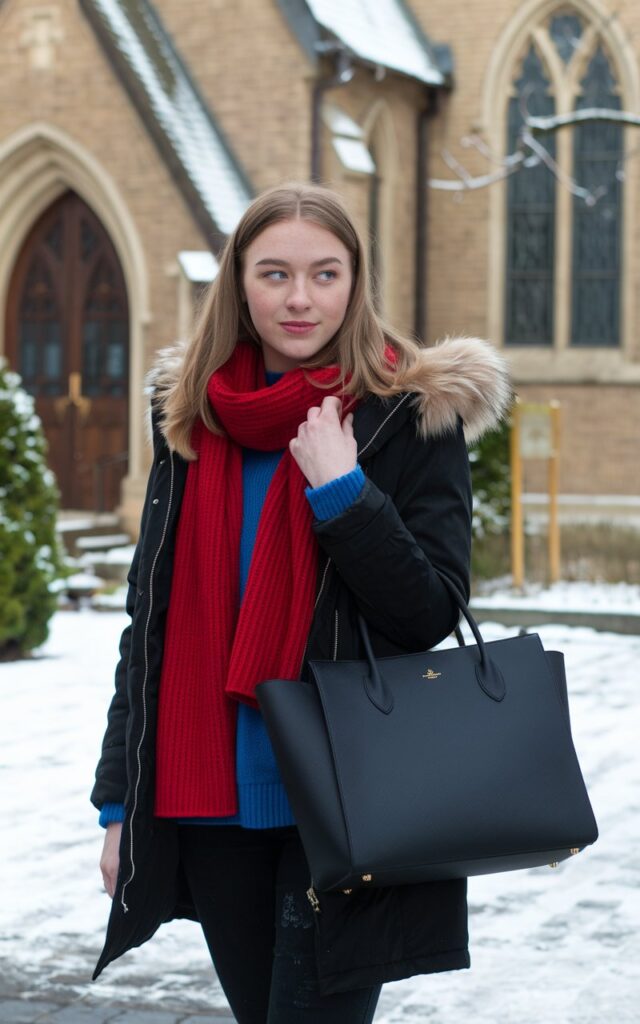 A natural-looking young woman wearing a classic tote or structured handbag with a polished winter outfit. Theme church winter outfit