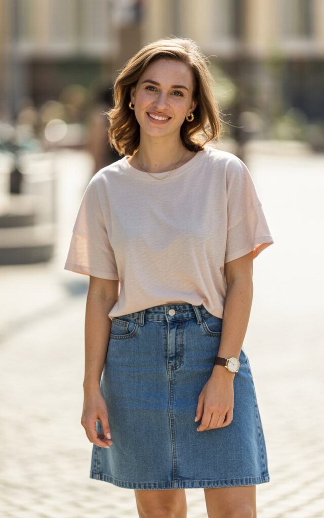 A natural-looking young woman wearing a clean denim skirt outfit with minimal accessories. Theme jean skirt outfits