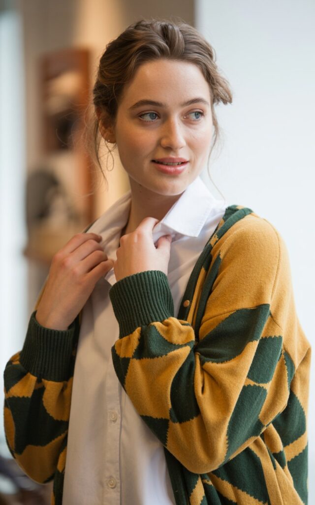 A natural-looking young woman wearing a collared shirt layered under a graphic sweater. Theme quirky fashion