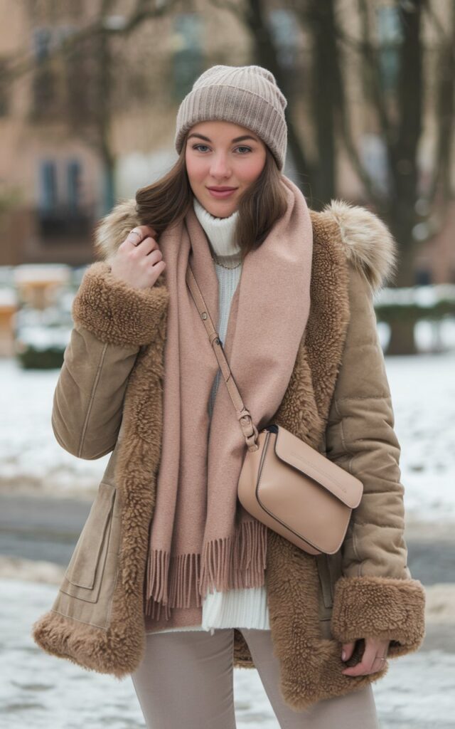 A natural-looking young woman wearing a complete winter outfit styled with a crossbody bag and cold-weather accessories. Theme winter fashion outfits