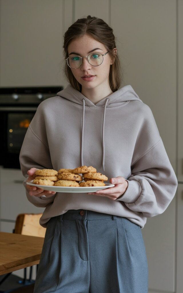 A natural-looking young woman wearing a cozy hoodie paired with tailored trousers. Theme thanksgiving outfit