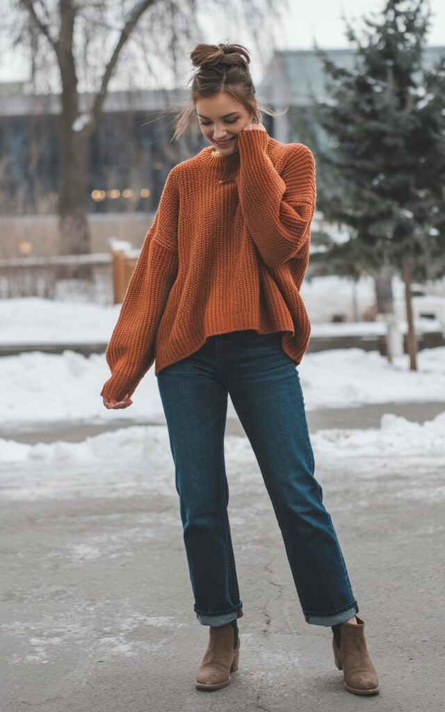 A natural-looking young woman wearing a cozy knit sweater layered over straight-leg jeans with ankle boots. Theme cold weather outfits