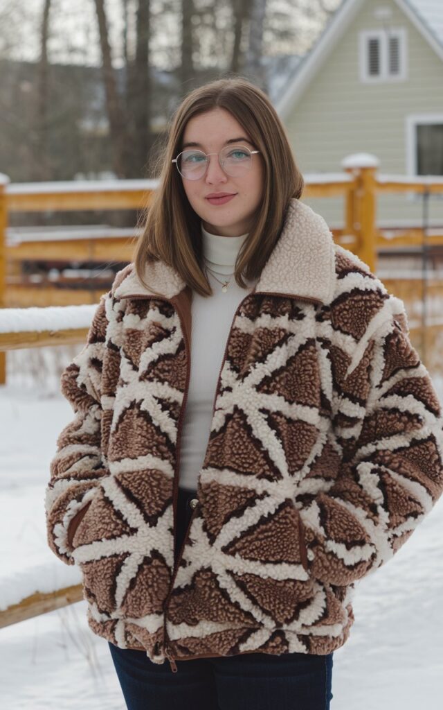 A natural-looking young woman wearing a cozy sherpa or teddy jacket styled with simple winter basics. Theme winter fashion outfits