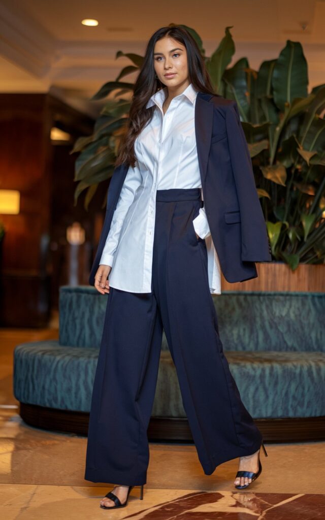A natural-looking young woman wearing a crisp white shirt tucked into wide-leg pants. Theme holiday party outfit