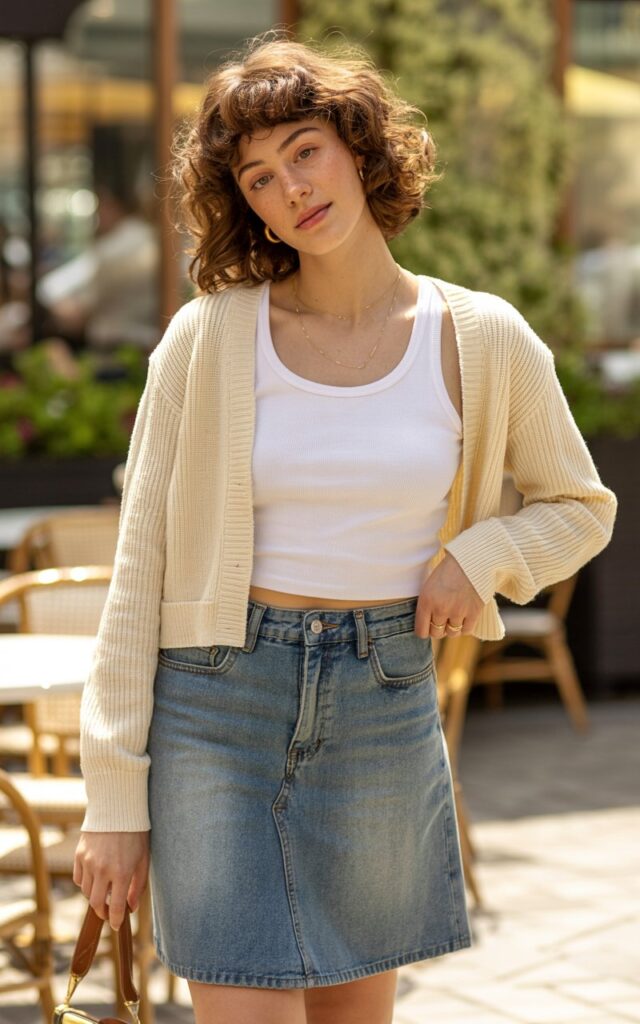 A natural-looking young woman wearing a cropped cardigan layered over a fitted tank and a jean skirt. Theme jean skirt outfits
