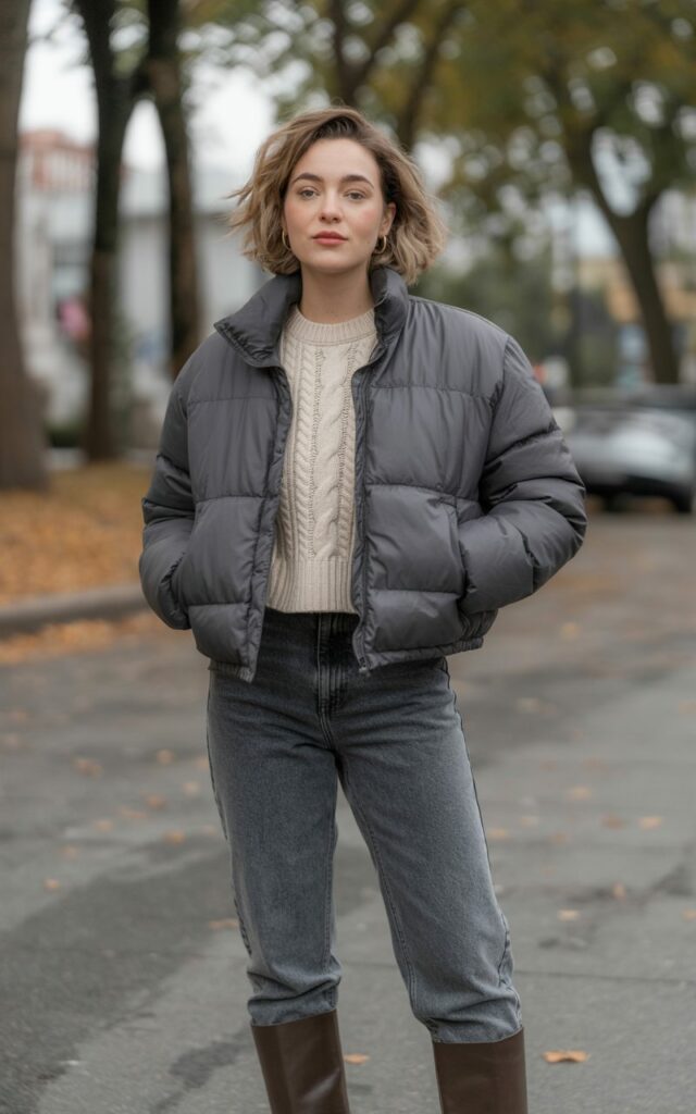 A natural-looking young woman wearing a cropped jacket paired with high-waisted jeans and boots. Theme cold weather outfits
