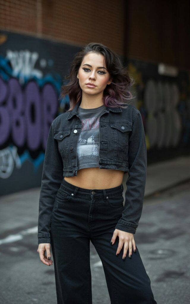 A natural-looking young woman wearing a cropped jacket paired with wide-leg black jeans. Theme emo outfits