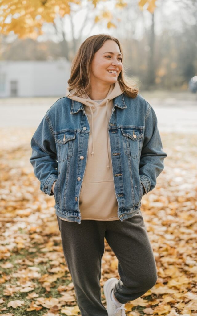 A natural-looking young woman wearing a denim jacket layered over a cozy hoodie with joggers. Theme casual fall outfits