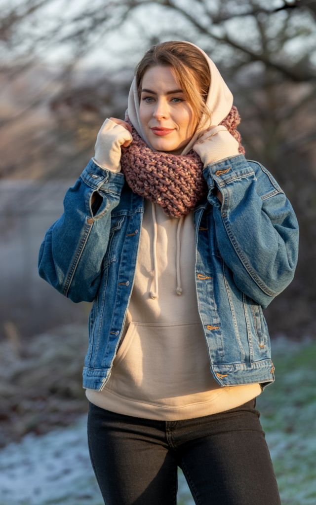 A natural-looking young woman wearing a denim jacket layered over a hoodie with a scarf and jeans. Theme cold weather outfits