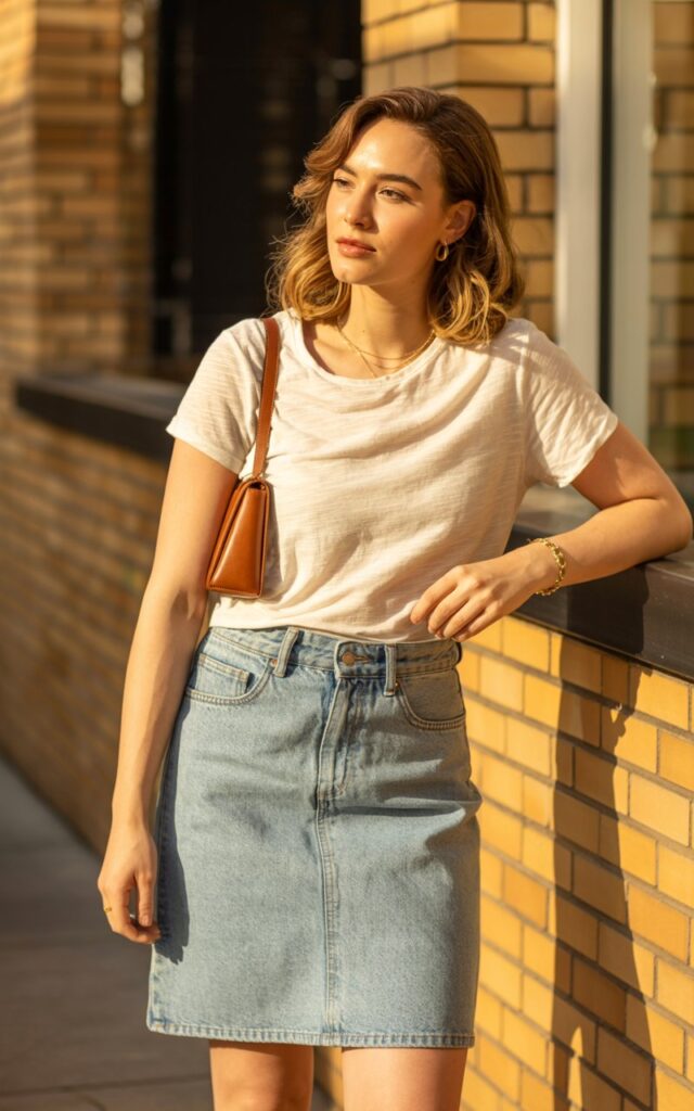 A natural-looking young woman wearing a denim skirt outfit finished with a small shoulder or baguette bag. Theme jean skirt outfits