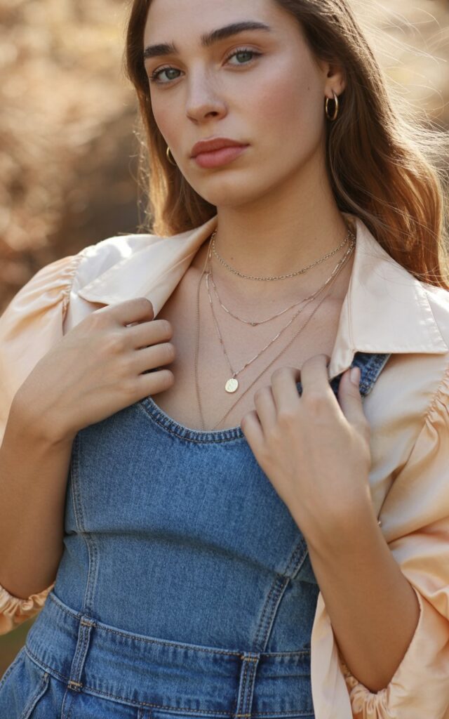 A natural-looking young woman wearing a denim skirt outfit styled with delicate layered necklaces. Theme jean skirt outfits