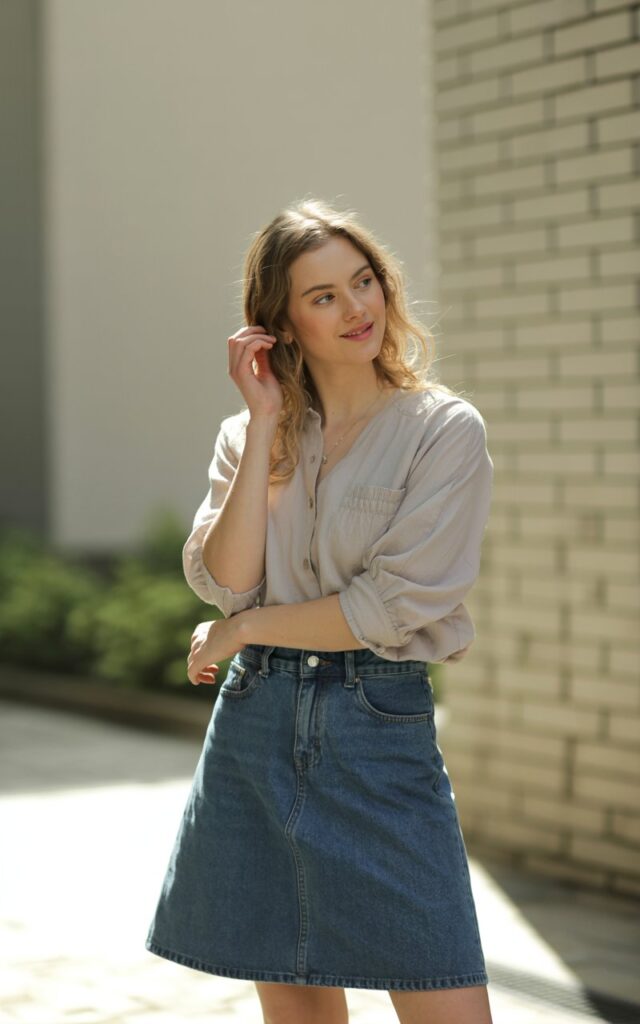 A natural-looking young woman wearing a denim skirt outfit with rolled sleeves or a half-tucked top. Theme jean skirt outfits
