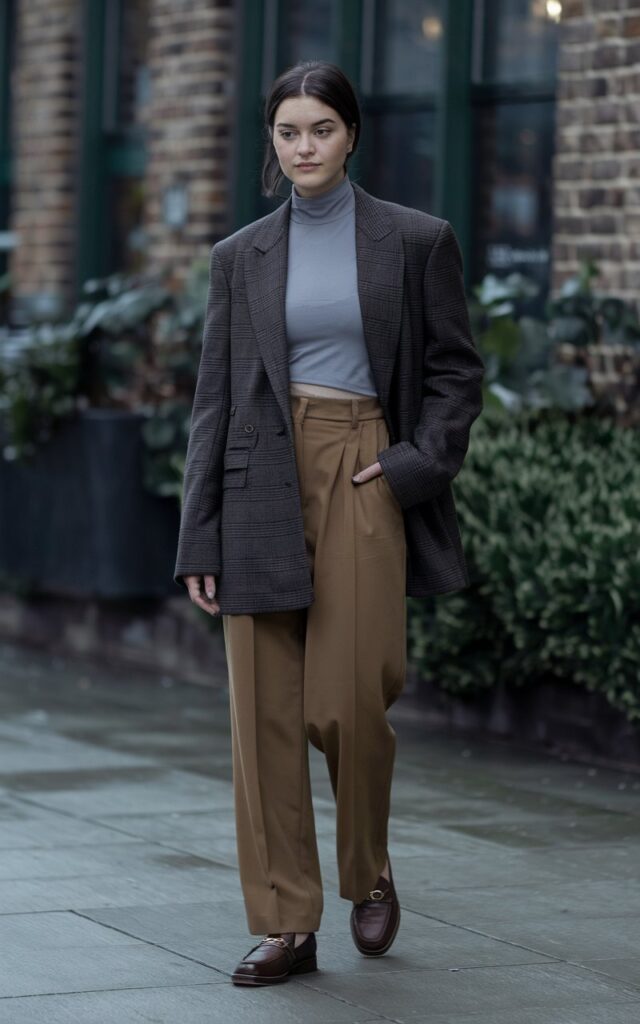 A natural-looking young woman wearing a fitted turtleneck under a tailored blazer with trousers and loafers. Theme cold weather outfits