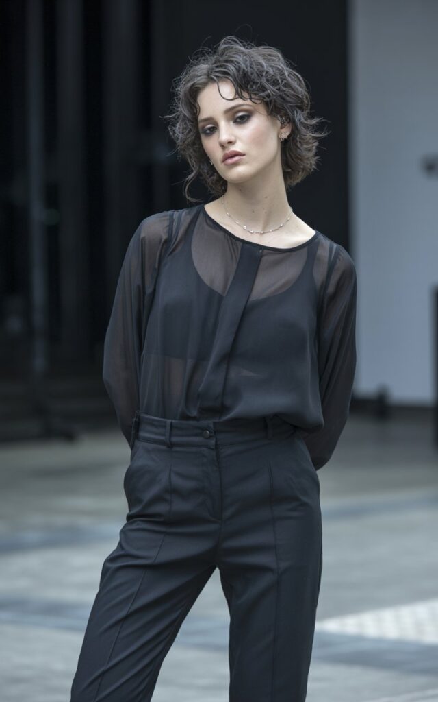 A natural-looking young woman wearing a flowy black top balanced with structured black pants. Theme emo outfits