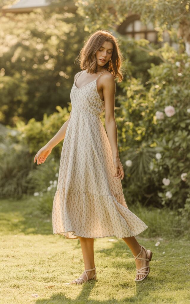 A natural-looking young woman wearing a flowy floral sundress paired with delicate sandals. Theme girly summer outfits