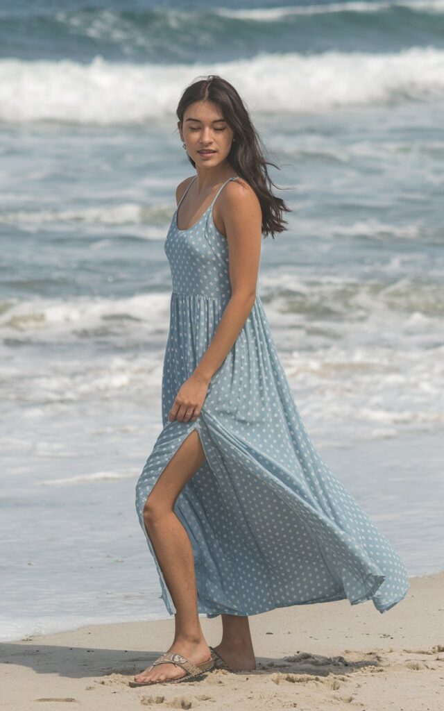 A natural-looking young woman wearing a flowy maxi dress with a side slit. Theme beach outfits
