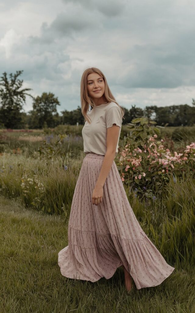 A natural-looking young woman wearing a flowy maxi skirt paired with a simple tee. Theme fashion inspo outfits