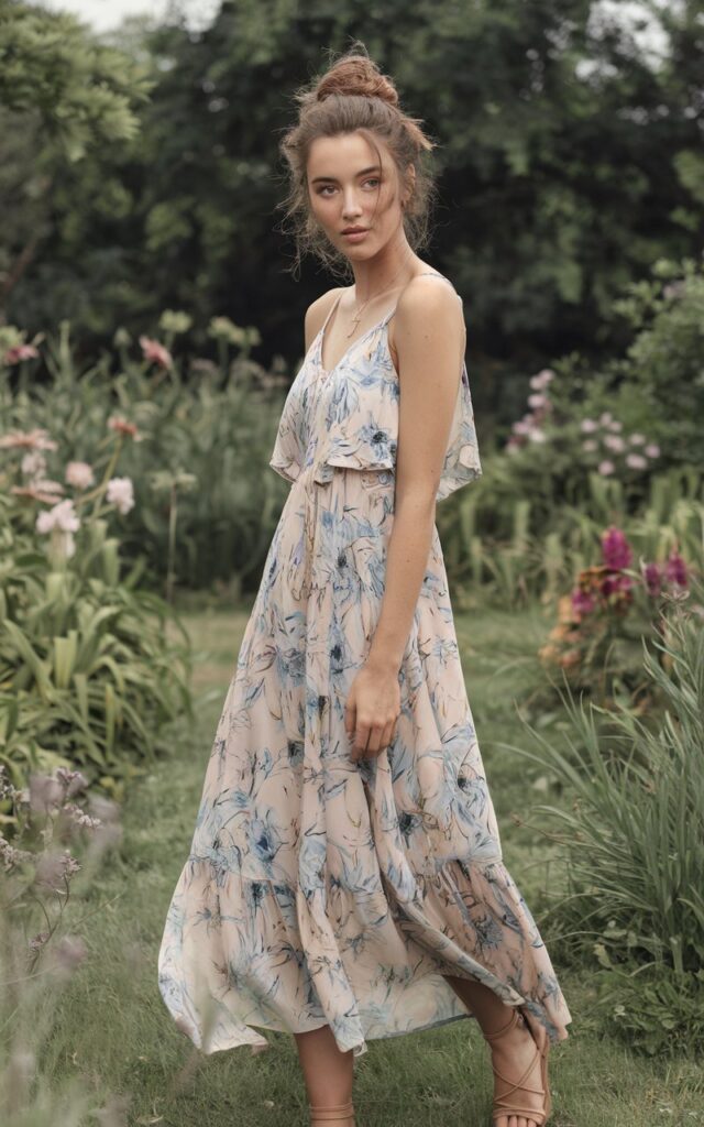 A natural-looking young woman wearing a flowy sundress paired with strappy sandals. Theme cute summer outfits