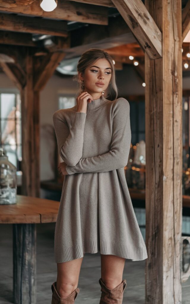 A natural-looking young woman wearing a flowy sweater dress styled with knee-high boots. Theme thanksgiving outfit