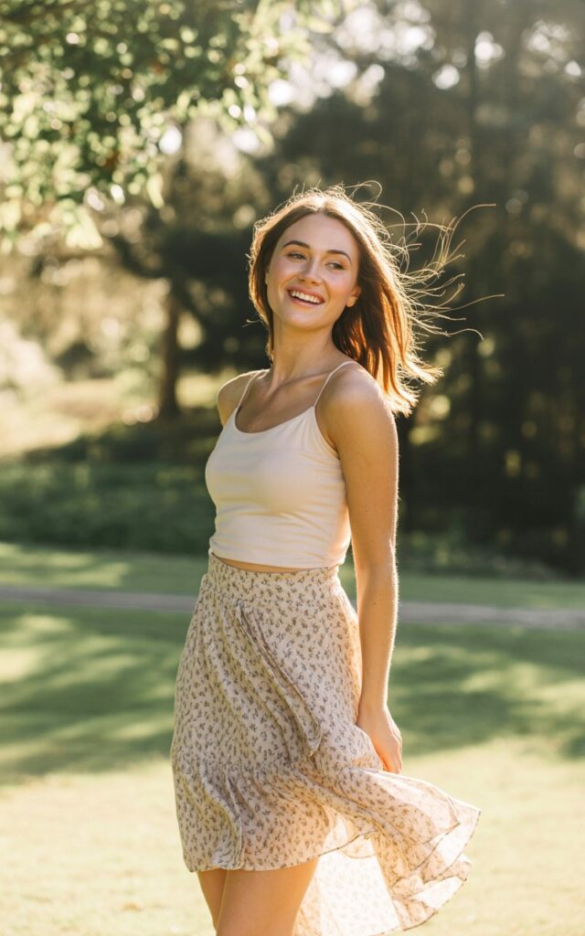 A natural-looking young woman wearing a flowy wrap skirt paired with a fitted camisole. Theme cute summer outfits