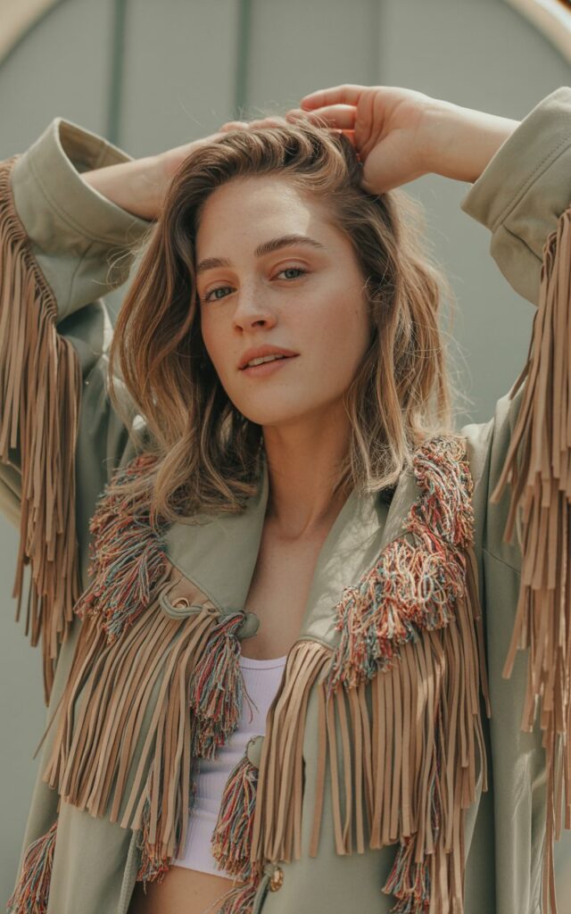 A natural-looking young woman wearing a fringed or tassel jacket. Theme: quirky fashion