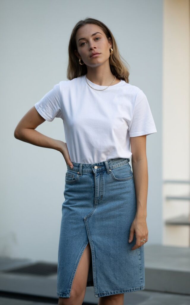 A natural-looking young woman wearing a front-slit denim skirt styled with a simple modern top. Theme jean skirt outfits