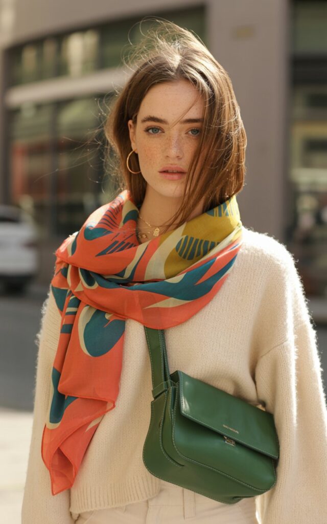 A natural-looking young woman wearing a graphic scarf styled around her neck, bag, or hat. Theme quirky fashion