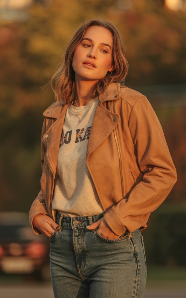 A natural-looking young woman wearing a graphic tee layered with a suede moto jacket and jeans. Theme casual fall outfits