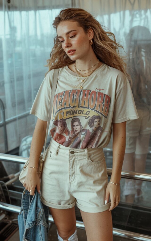 A natural-looking young woman wearing a graphic tee styled with tailored shorts and casual accessories. Theme eras tour outfits