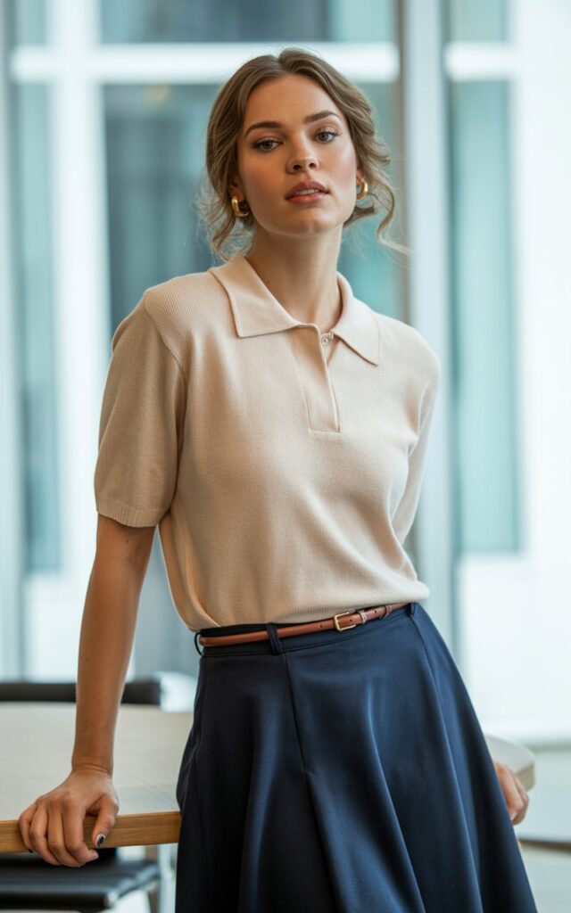 A natural-looking young woman wearing a knit polo paired with an A-line skirt. Theme business casual outfits