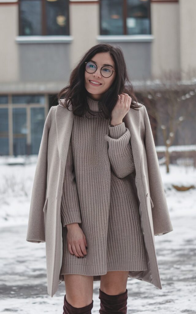 A natural-looking young woman wearing a knit sweater dress layered with a neutral wool coat and winter boots. Theme winter fashion outfits