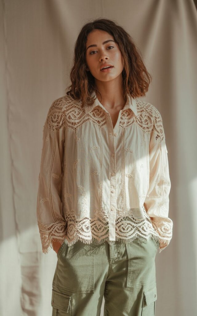 A natural-looking young woman wearing a lace blouse paired with relaxed cargo pants for a modern edge. Theme Lace Tops and Outfits