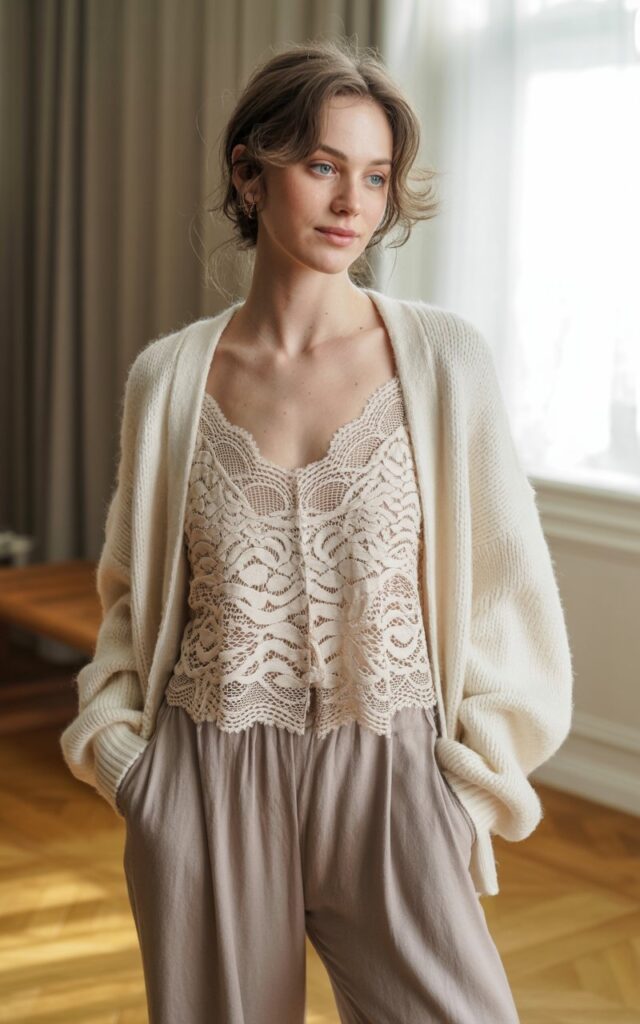 A natural-looking young woman wearing a lace camisole layered beneath a cozy knit cardigan and relaxed-fit trousers. Theme Lace Tops and Outfits