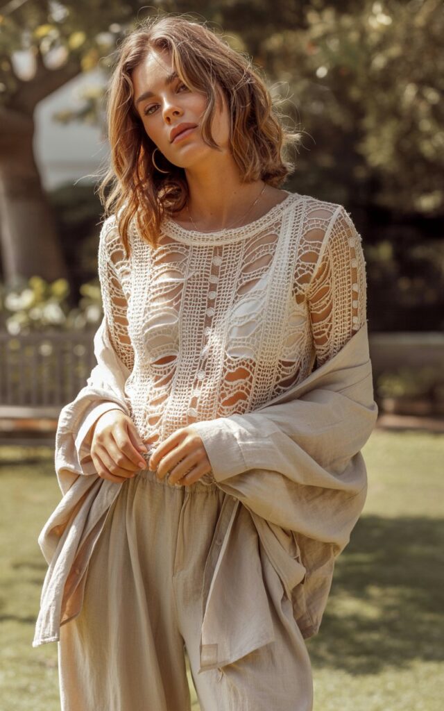 A natural-looking young woman wearing a lace top paired with lightweight linen pants for an effortless look. Theme Lace Tops and Outfits