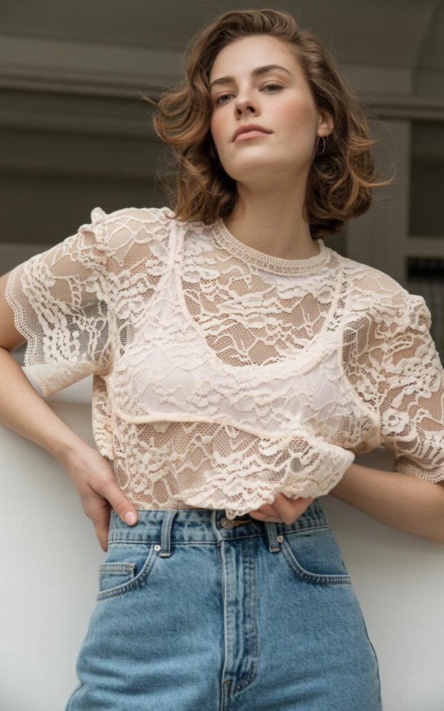A natural-looking young woman wearing a lace top styled with mom jeans instead of a basic tee. Theme Lace Tops and Outfits