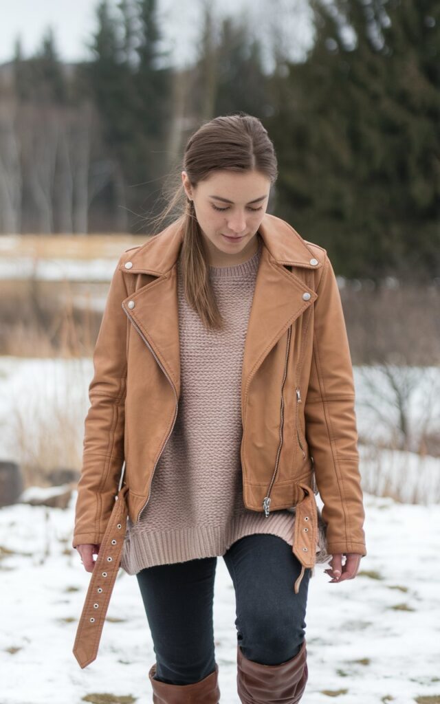 A natural-looking young woman wearing a leather jacket layered over a soft knit with dark jeans. Theme cold weather outfits