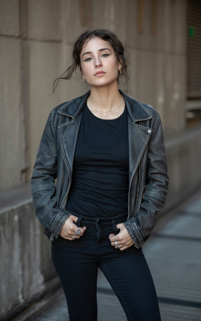 A natural-looking young woman wearing a leather jacket layered over an all-black outfit. Theme emo outfits