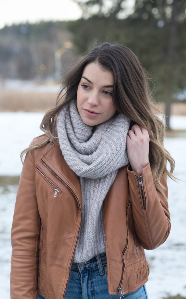 A natural-looking young woman wearing a leather jacket paired with a soft cashmere scarf and classic denim. Theme winter fashion outfits