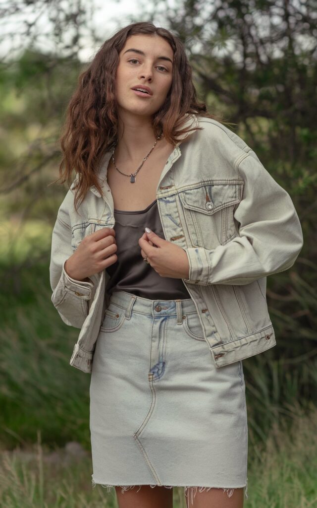 A natural-looking young woman wearing a light-wash denim skirt paired with a darker polished top. Theme jean skirt outfits