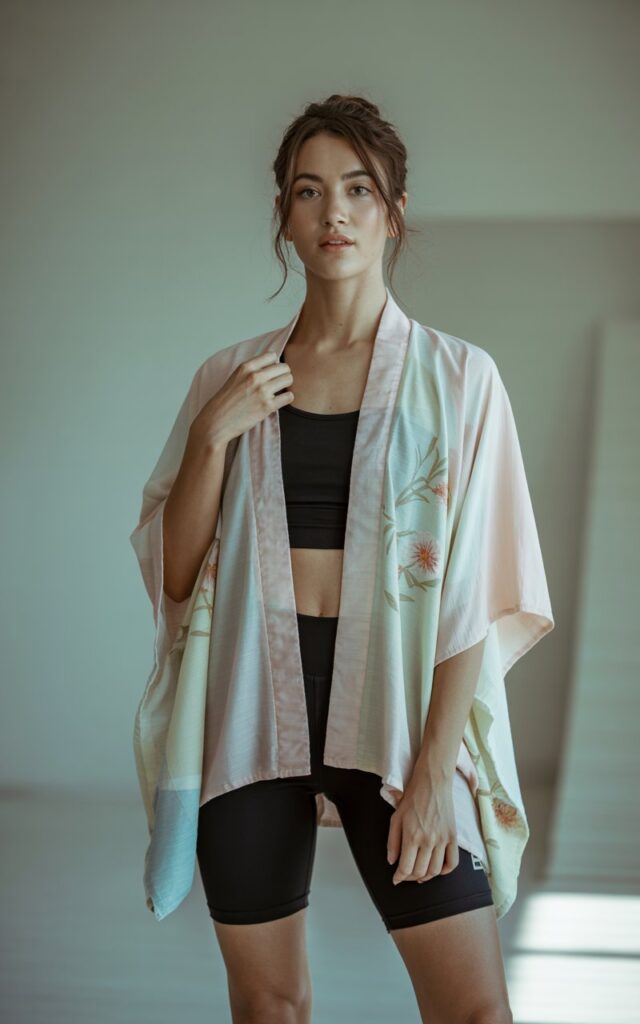 A natural-looking young woman wearing a lightweight kimono layered over bike shorts. Theme shorts outfits