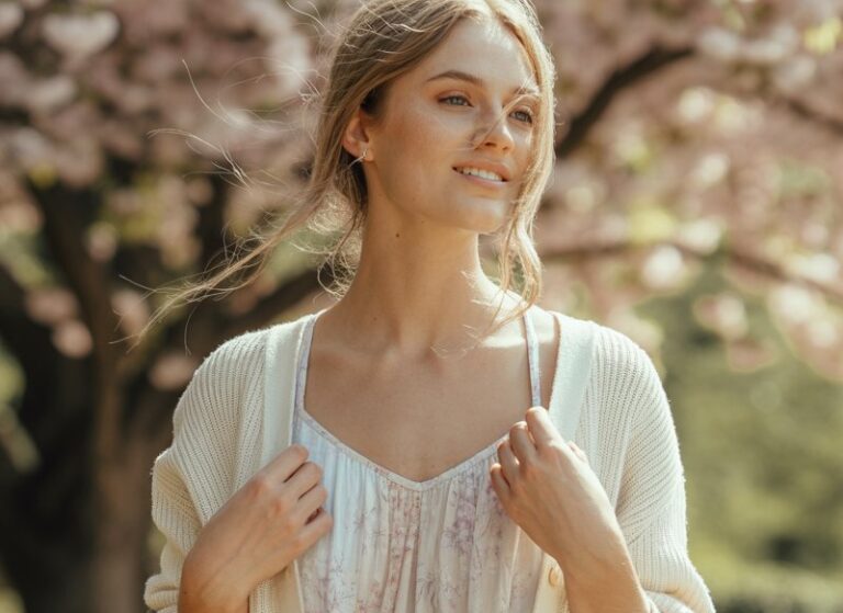 A natural-looking young woman wearing a lightweight summer dress layered with a cropped cardigan. Theme girly summer outfits