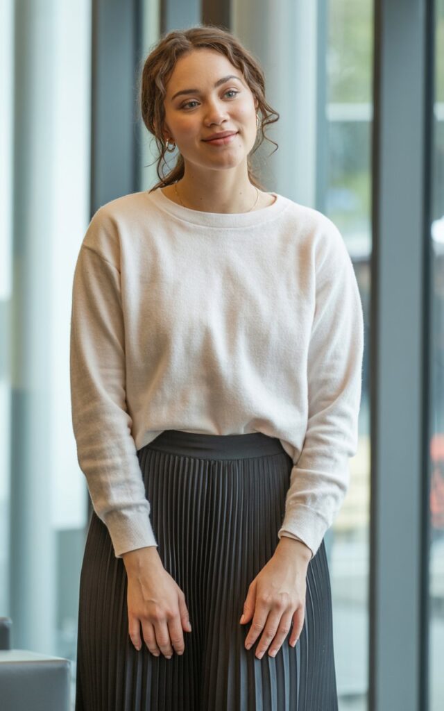 A natural-looking young woman wearing a lightweight sweater tucked into a pleated skirt. Theme business casual outfits