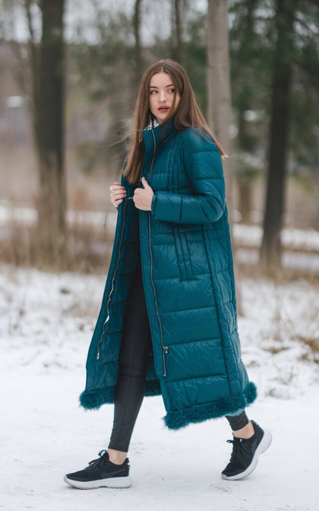A natural-looking young woman wearing a long puffer coat styled with leggings and sleek sneakers. Theme winter fashion outfits