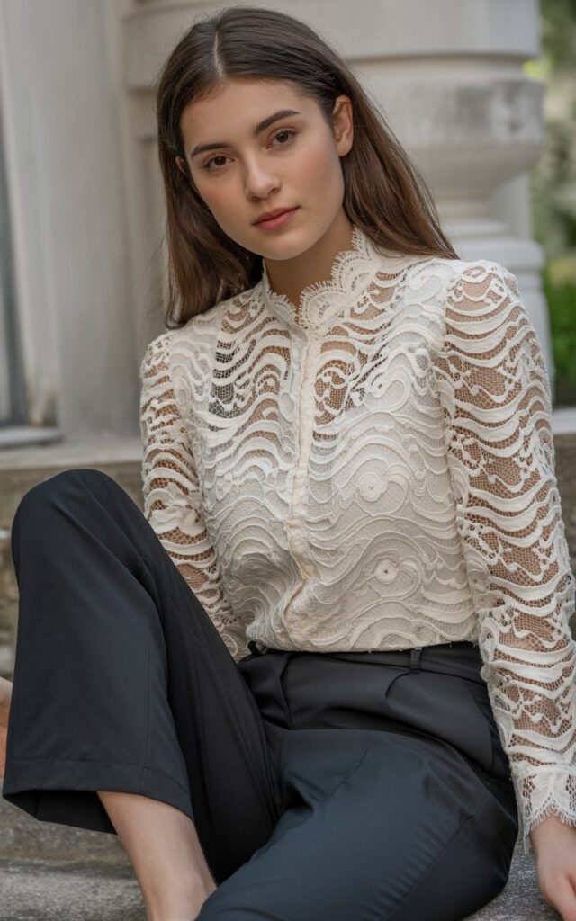 A natural-looking young woman wearing a long-sleeve lace blouse paired with classic black pants. Theme Lace Tops and Outfits