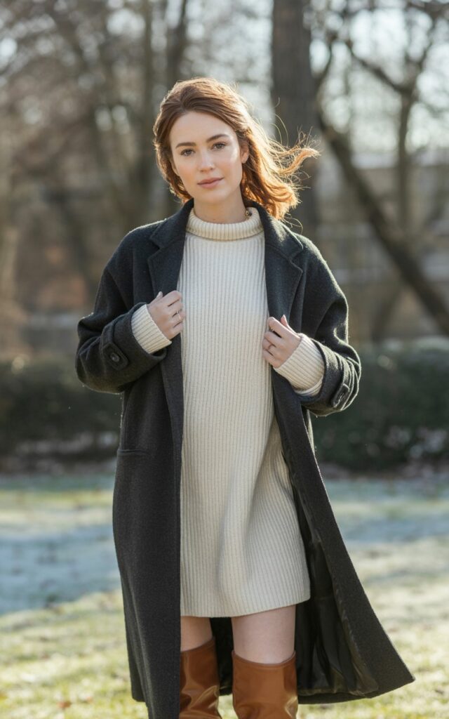 A natural-looking young woman wearing a long wool coat paired with a neutral knit dress and classic boots. Theme cold weather outfits