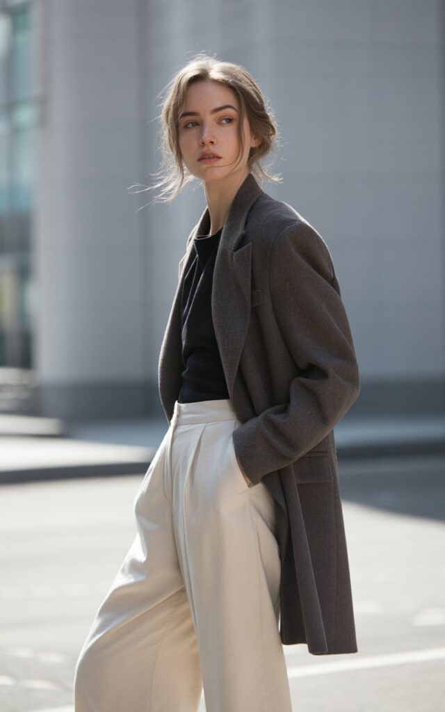 A natural-looking young woman wearing a longline blazer with wide-leg trousers. Theme winter fashion outfits
