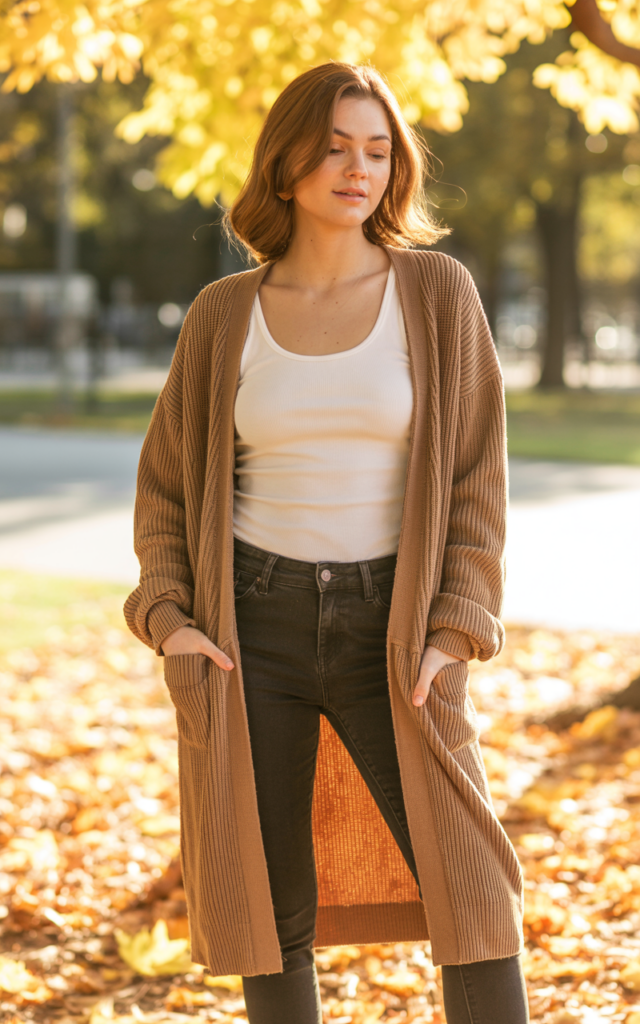 A natural-looking young woman wearing a longline cardigan over a basic tank with skinny jeans. Theme casual fall outfits