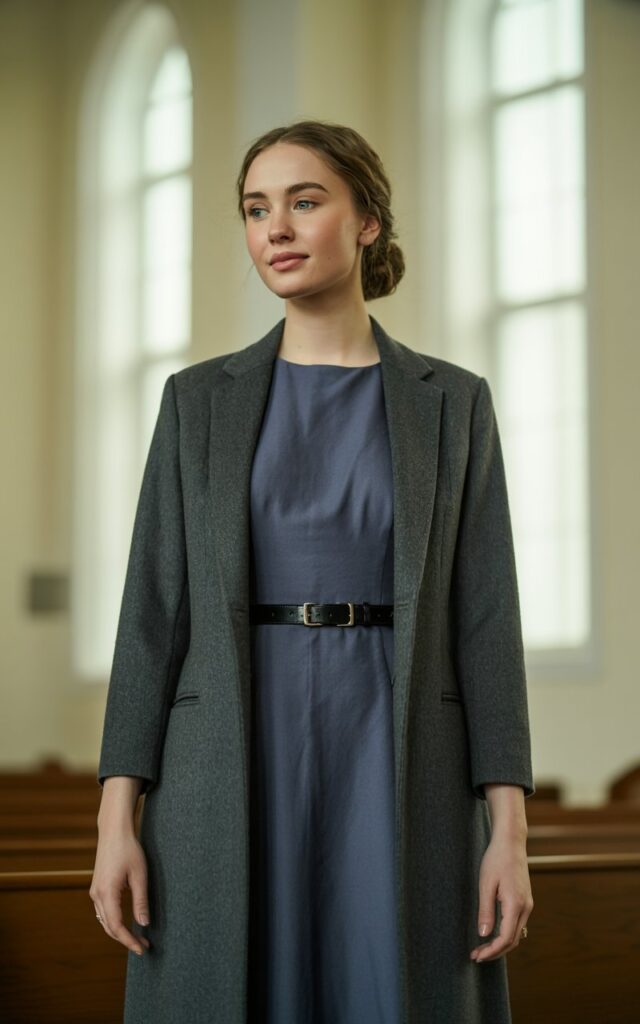 A natural-looking young woman wearing a longline wool coat cinched with a belt over a modest dress. Theme church winter outfit. Generate two different images using the same prompt.