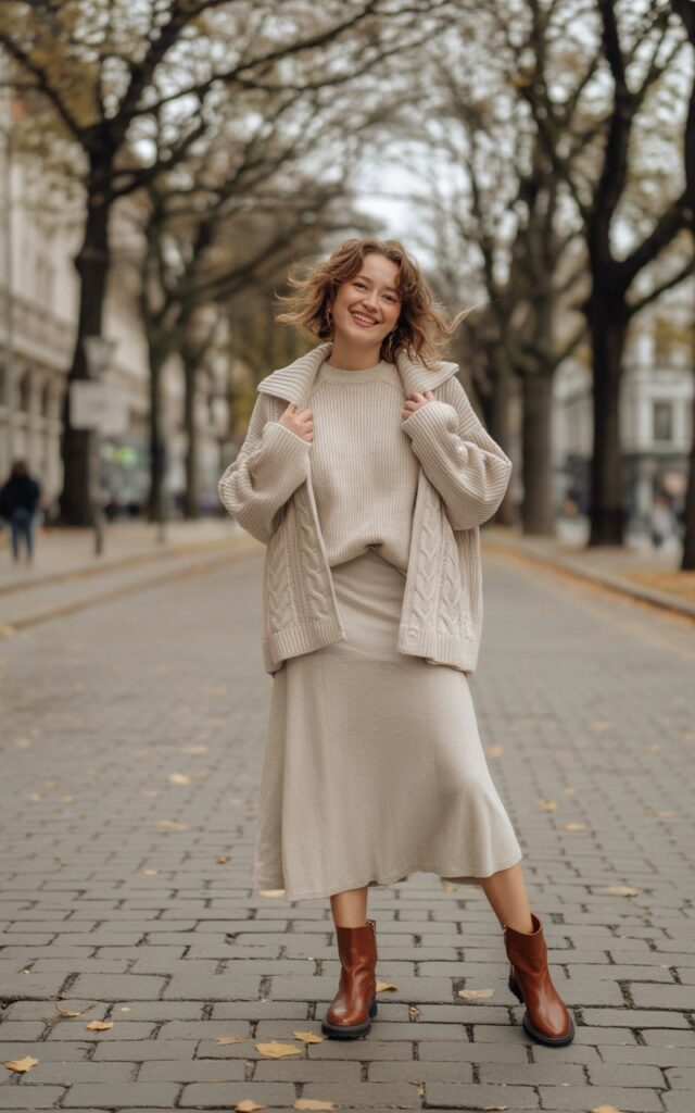 A natural-looking young woman wearing a matching knit set styled with ankle boots. Theme cold weather outfits
