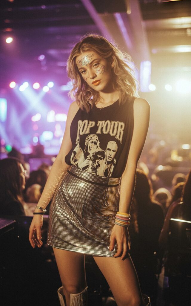 A natural-looking young woman wearing a metallic mini skirt styled with a graphic tank top. Theme eras tour outfits